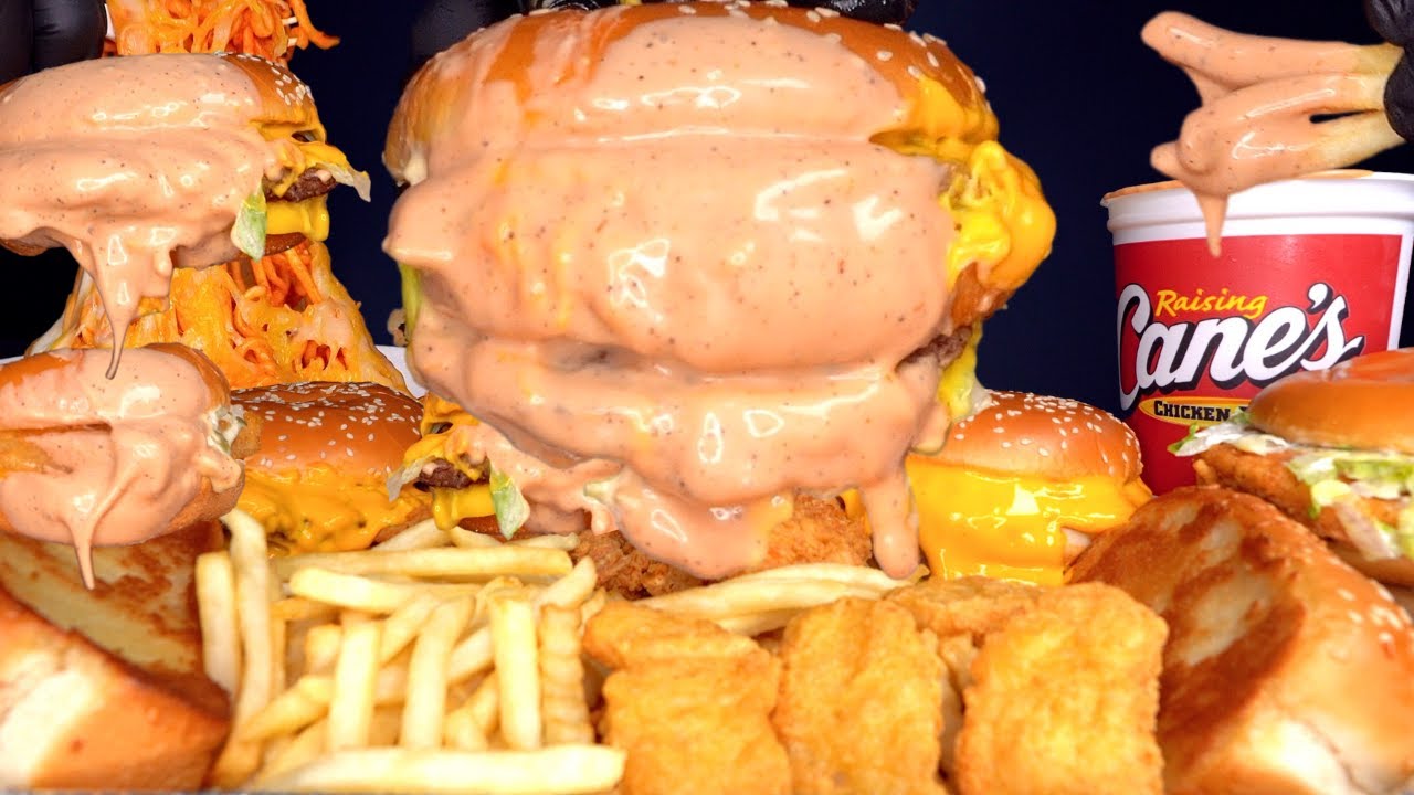 ASMR MUKBANG EXTRA CANES SAUCE MCDONALDS BIG MAC CHEESE BURGERS CHICKEN & FRIES | WITH CHEESE