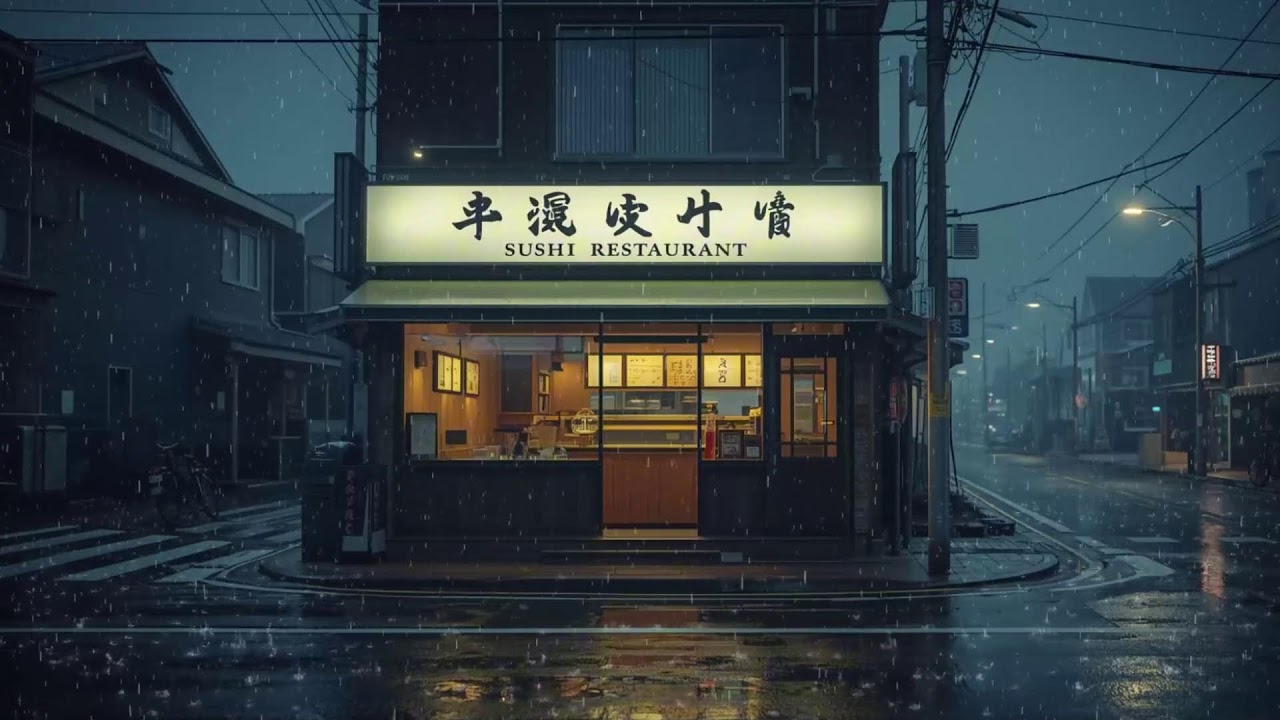 Rainy Japanese Street Café 🍵🌧️ Sushi Bar Lofi for Work, Study & Relax