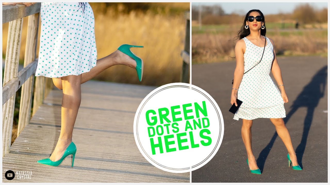 White green polkadot dress with green heels