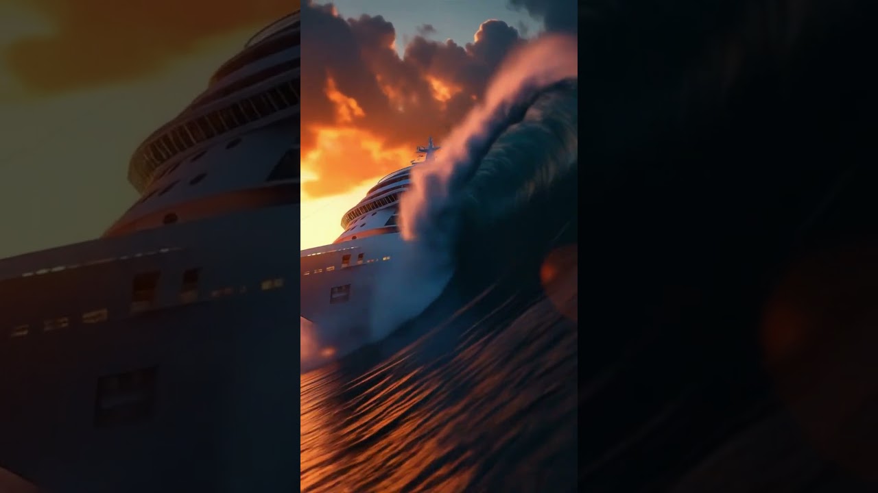 Epic Cruise Ship Surfing a Giant Wave at Sunset | Cinematic Ocean Adventure