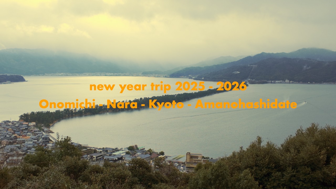 new year trip vlog | 京都 奈良 尾道 天橋立 | 金閣寺, 龍安寺, 祇園, 東大寺, 京都府庁, ルネサンス様式, お好み焼き, ラーメン, 瀬戸内海, 笠松公園, 銭湯