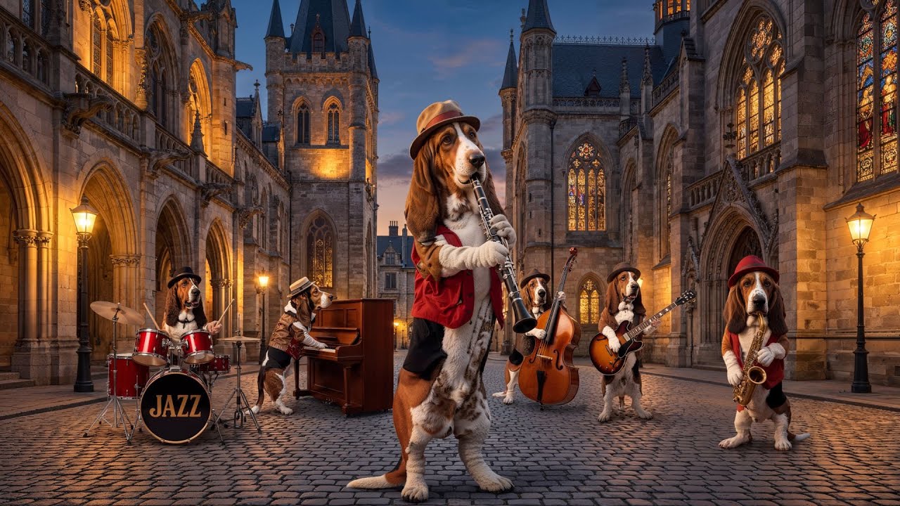 🎷🐶🎷 Basset Hound Jazz Band: Relaxing Dixieland Music in a Majestic Gothic Cathedral | 4K Dog Concert