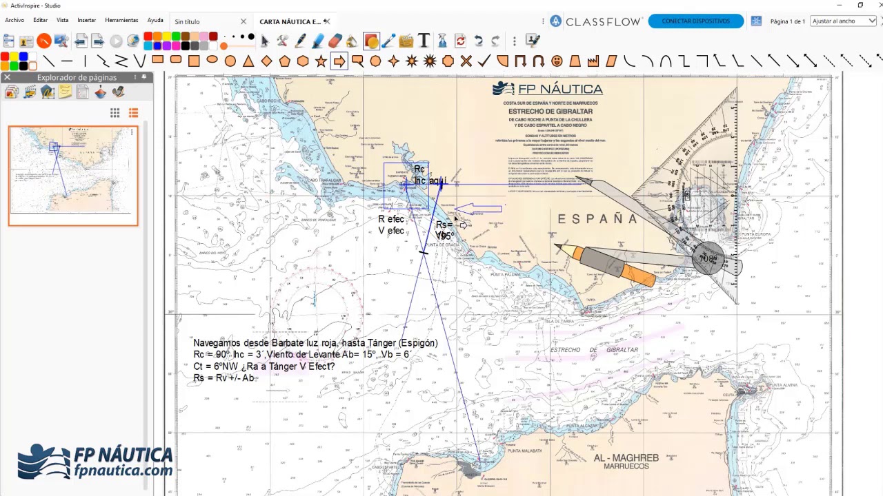 Resolución de problema de carta náutica con viento y corriente para la titulación de Patrón de Yate
