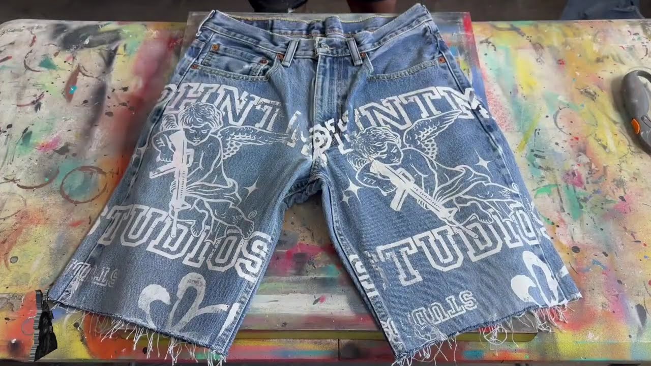 How to make | SCREEN PRINT | custom UPCYCLED jeans shorts | at HOME | for your clothing BRAND