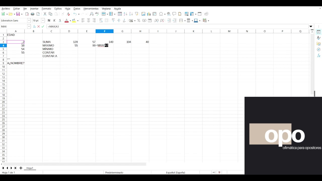 Funciones básicas EJ1 LibreOffice Calc Oposiciones administrativo, auxilio, tramitación, auxiliar