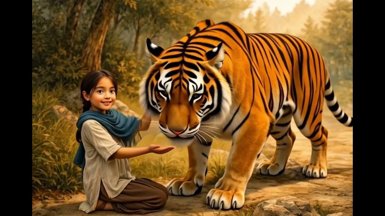 Girl, Tiger and dog story of jungle animals for childrens.