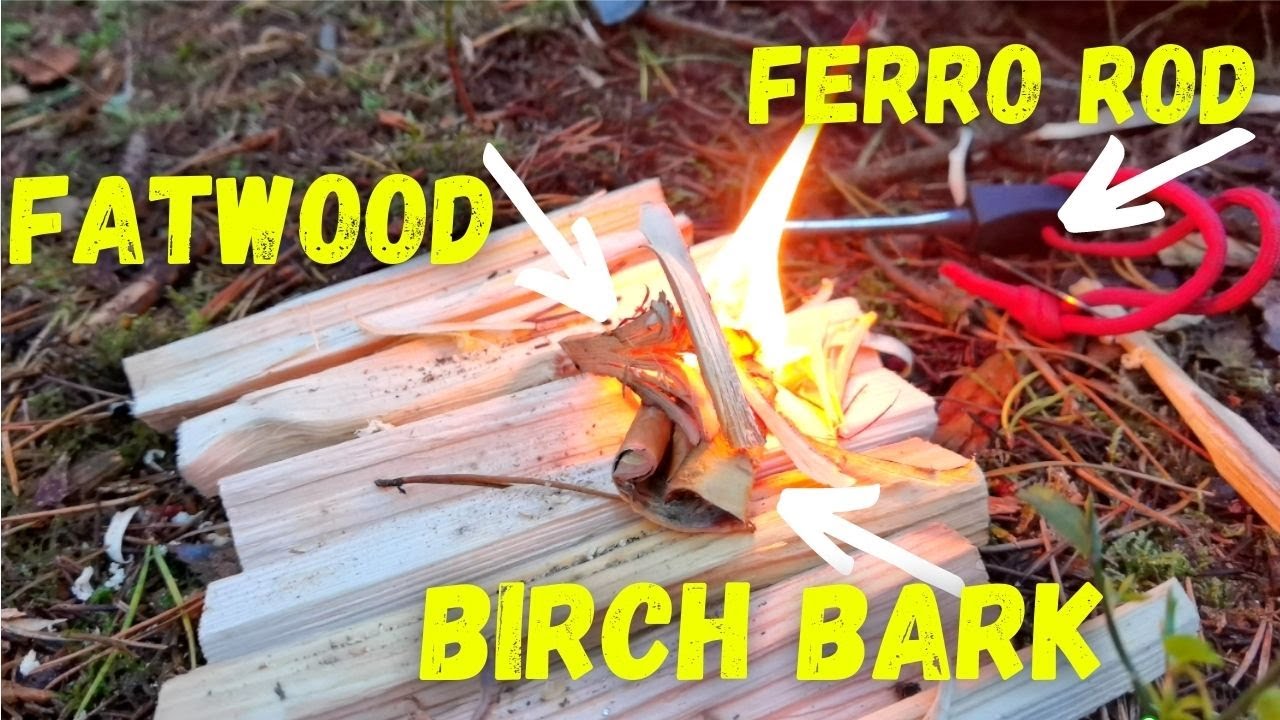 Bushcraft Techniques | Using Fatwood, Ferrocerium Rod and Birch Bark to start fires.