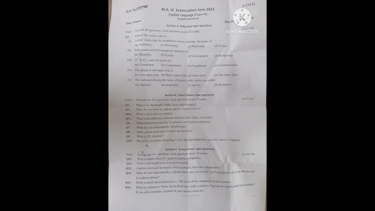 M.A. 4th sem Exam June 2023. English Language ( Paper 2 ) (English Literature)