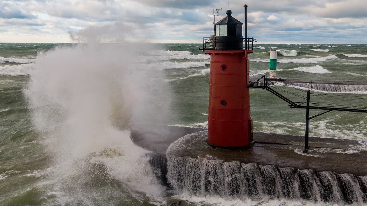 50+mph Winds Hitting South Haven Michigan, River Flowing Backwards Drone Footage Must See 4K