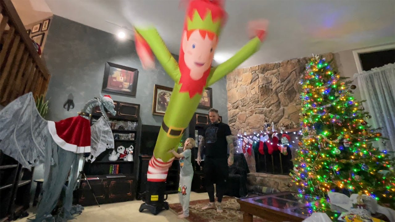 Unboxing New 10 Foot Elf Air Dancer in our Living Room! Fun Christmas Inflatable Tube Man Blow Ups