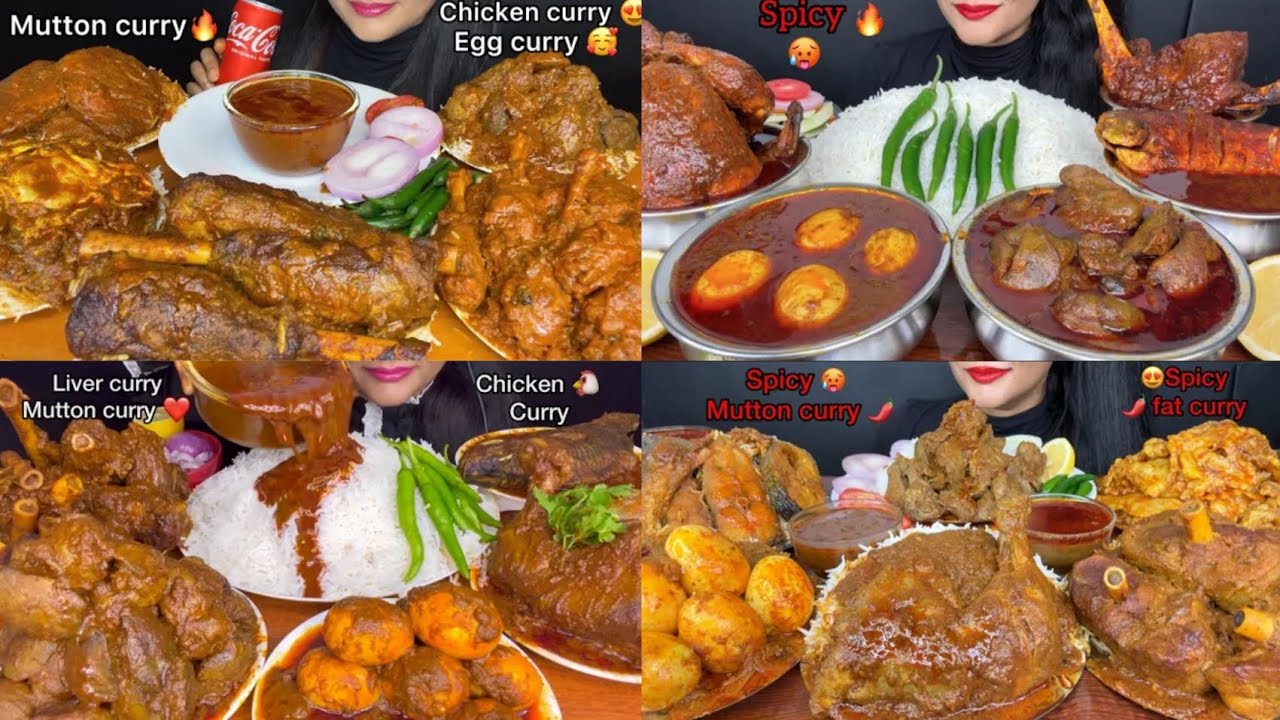 ASMR EATING LOTS OF MUTTON EGGS CHICKEN CURRY WITH RICE , #mukbang #asmreating 