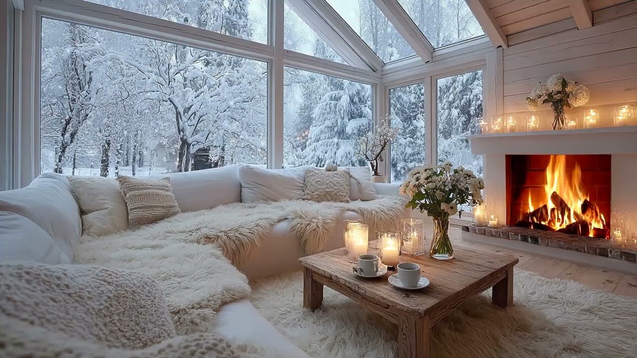Winter White Piano Lounge with Warm Fireplace and Soft Flowers for 3 Hours of Healing Calm