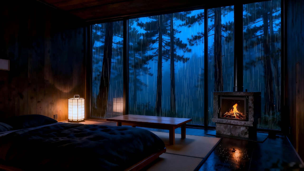 Night Rain in Cozy Cabin | Calm Background Ambience (No Talking)