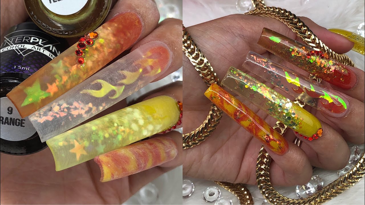 DIY Flame NAILS Long Acrylic Nails | Glitter Planet EXTREME Length Nail Tips