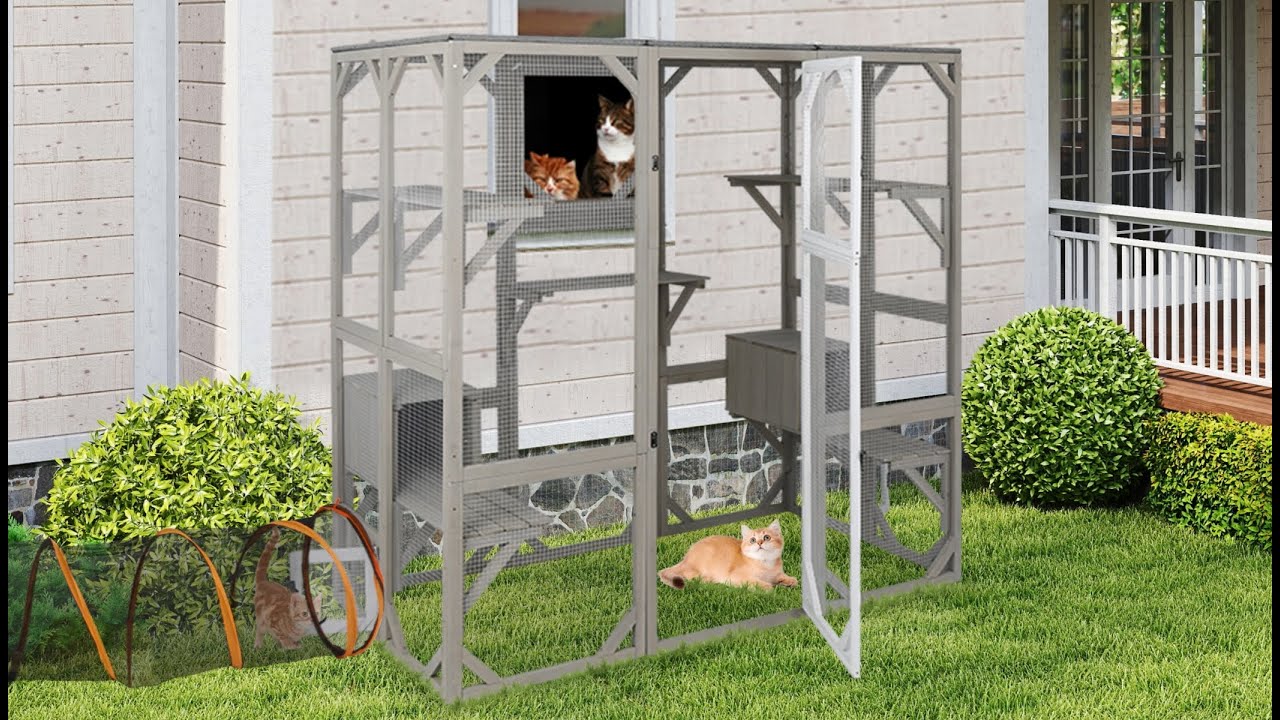 Petscosset PET15 Catio Outdoor Cat Enclosure Large Wooden Cat House with 5 Platforms