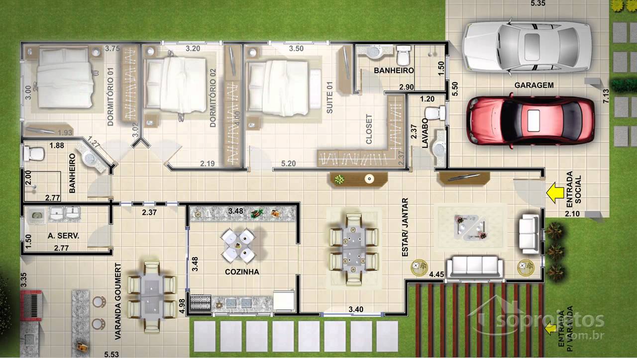 Projetos de Casas - T&eacute;rrea com varanda gourmet e pergolado - C&oacute;d. 103 - Soprojetos.com.br