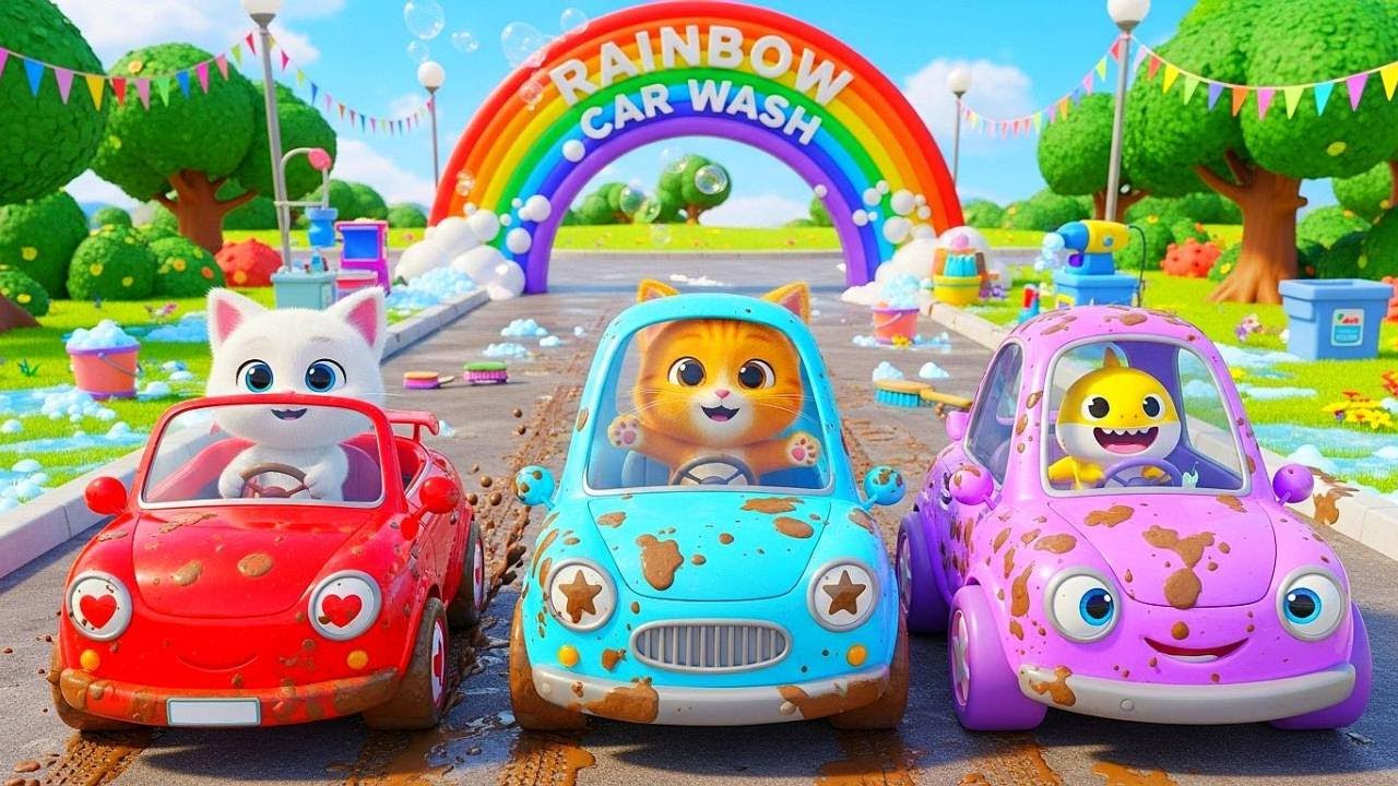 Rainbow Car Wash with Baby Shark & Kitties 🚗🌈  Fun Muddy Car Song!