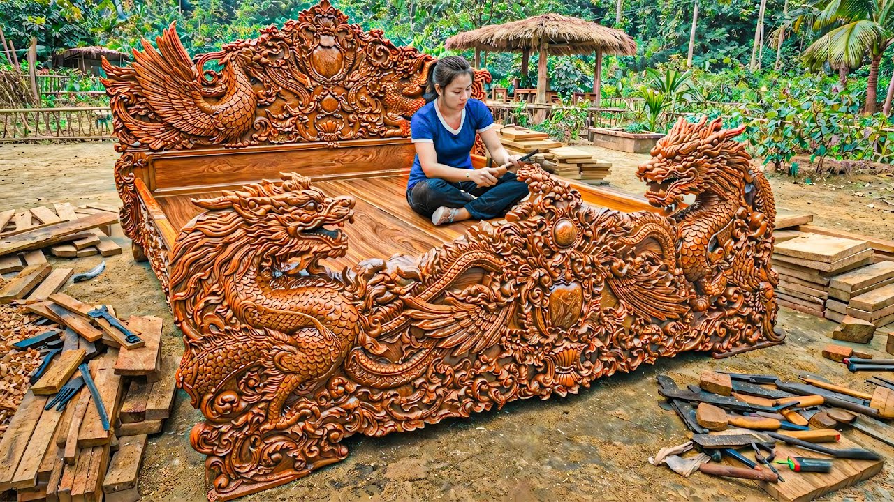 Building a Strong Wooden Bed by Hand for a Bamboo Forest House | Forest Furniture
