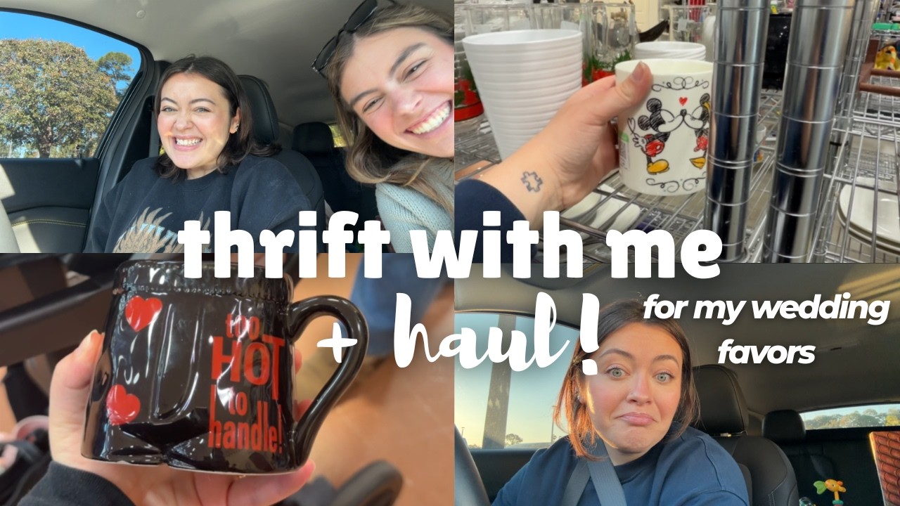 thrift with me & haul! *4 days, wedding planning, bride inspo, thrifted coffee mugs, wedding favors*