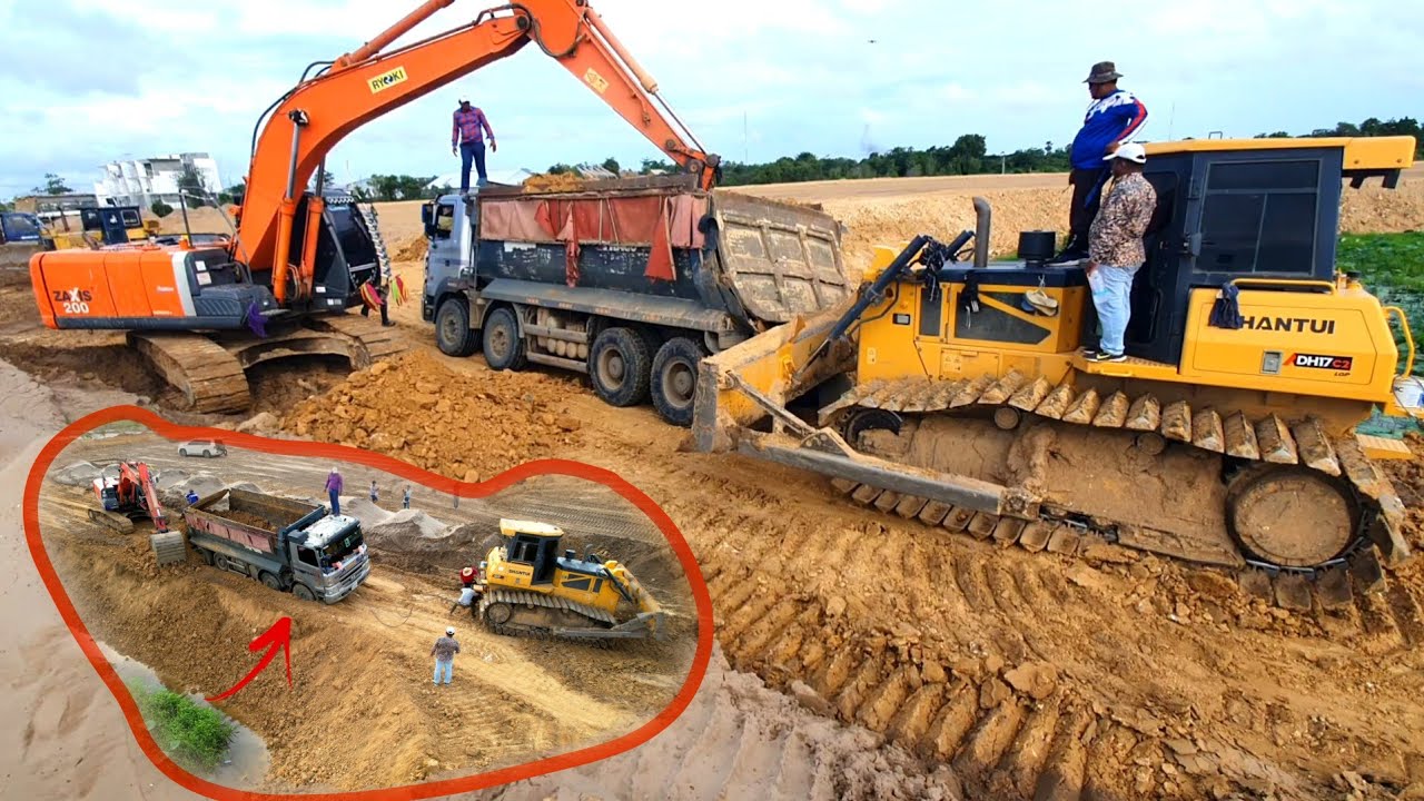 Impressive Heavy dump truck Fall Down deep in Land recovery by Excavator with Dozer