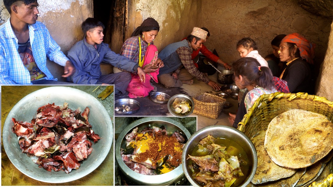 buff cooker curry with bread by dharme brother's family || rural Nepal ||