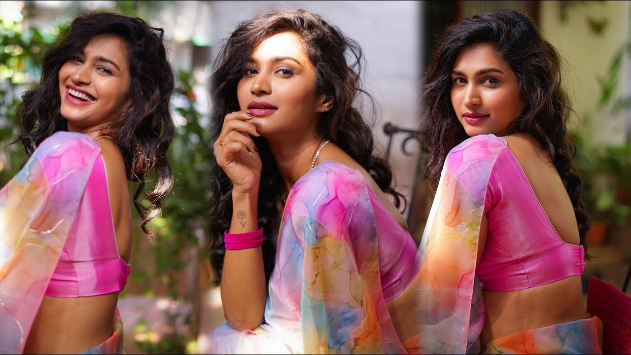 Anoosha Krishna Beautiful Pink Floral Saree with Matching Backless blouse Fashion Photoshoot video