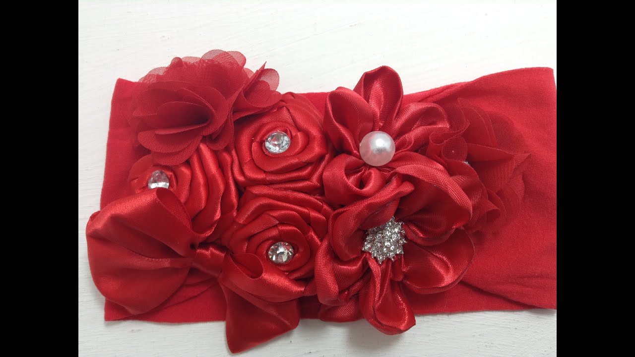 Tiara de flores rojas de tela y liston VIDEO No. 361