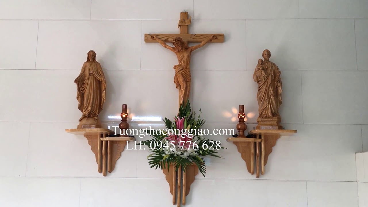 Bàn thờ Thiên Chúa bằng gỗ pơ mu - Kệ bàn tay kép + Tượng gỗ 60cm - LH: 0945 776 628 (Có Zalo)