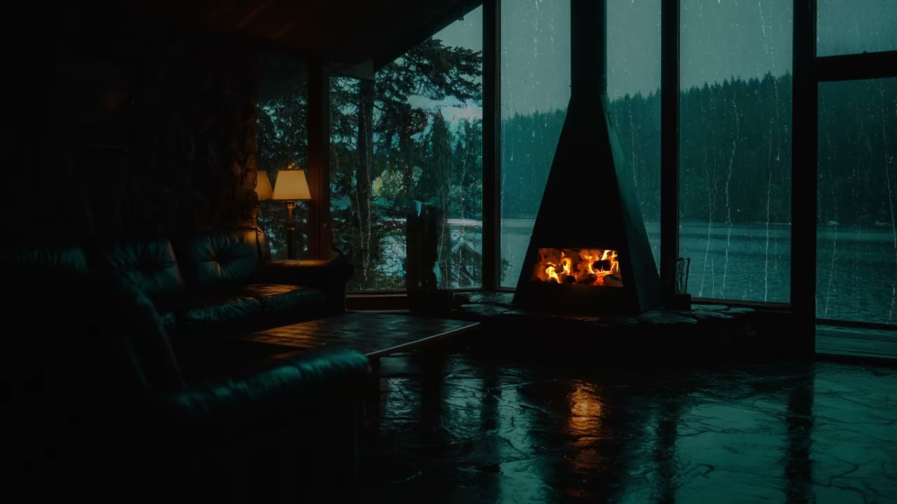 Night Rain in Cozy Cabin 🔥 Gentle Window Rain Sounds with Fireplace Crackles for Deep Sleep