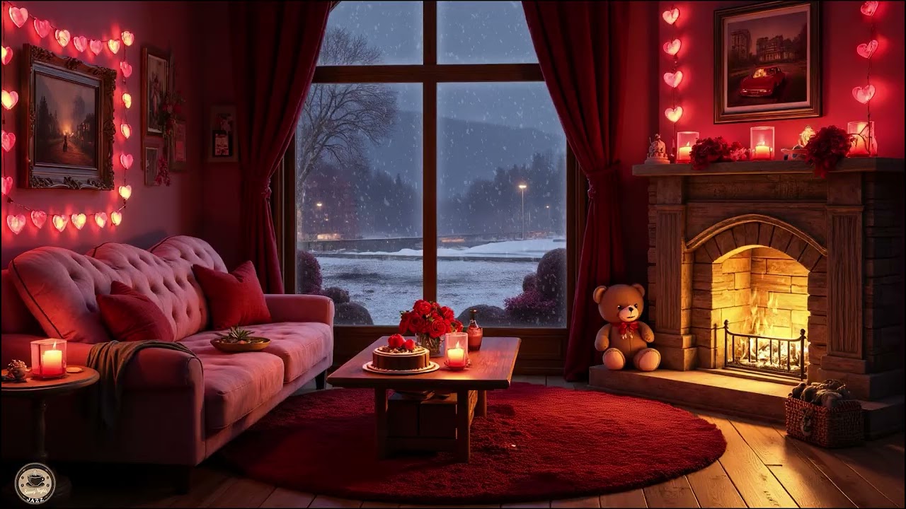 Valentine’s Day Jazz ☕ Cozy Fireplace Ambience & Falling Snow for Romantic Relaxation