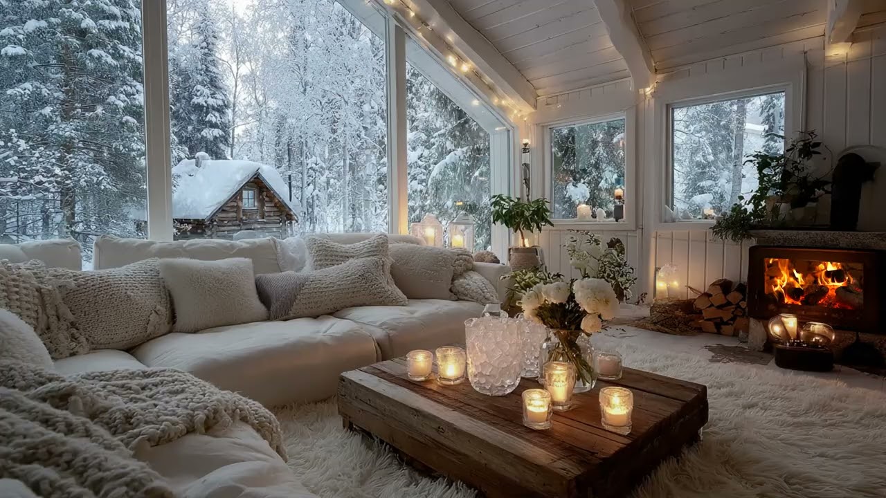 ❄️ Warm Piano Winter  | Fireplace, Candles & Snow for 3 Hours | Anxiety Relief Study Work Meditation
