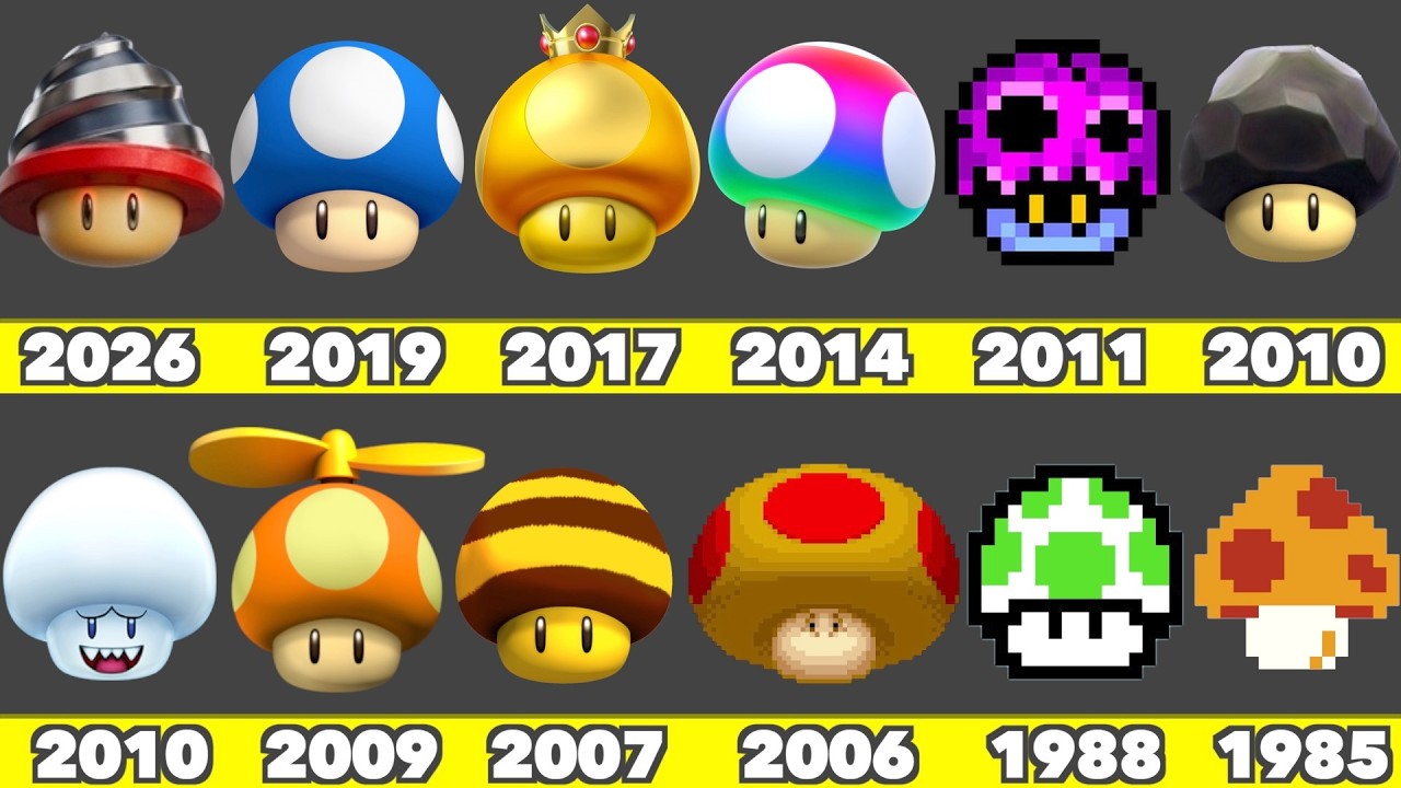 Evolution of All the Mushrooms Game Graphics in Nintendo Games & Mario Movies (1985-2026)