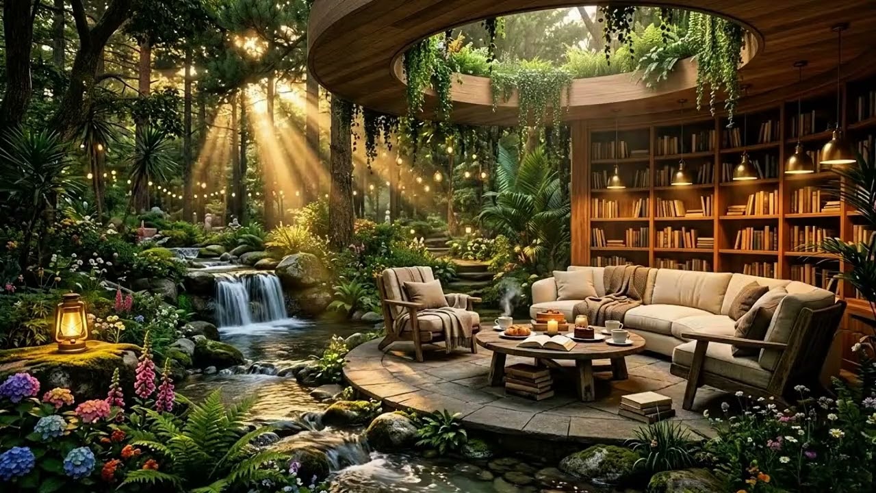 Cozy March Spring 🌼 Garden Coffee Shop  Porch Ambience Soft Jazz Instrumental Musi