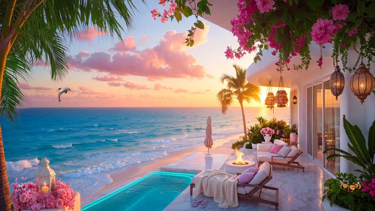 Tropical House Piano & Ocean | Study, Sleep & Relax Cozy Fireplace, Dolphin, Ambient Chillout Lounge