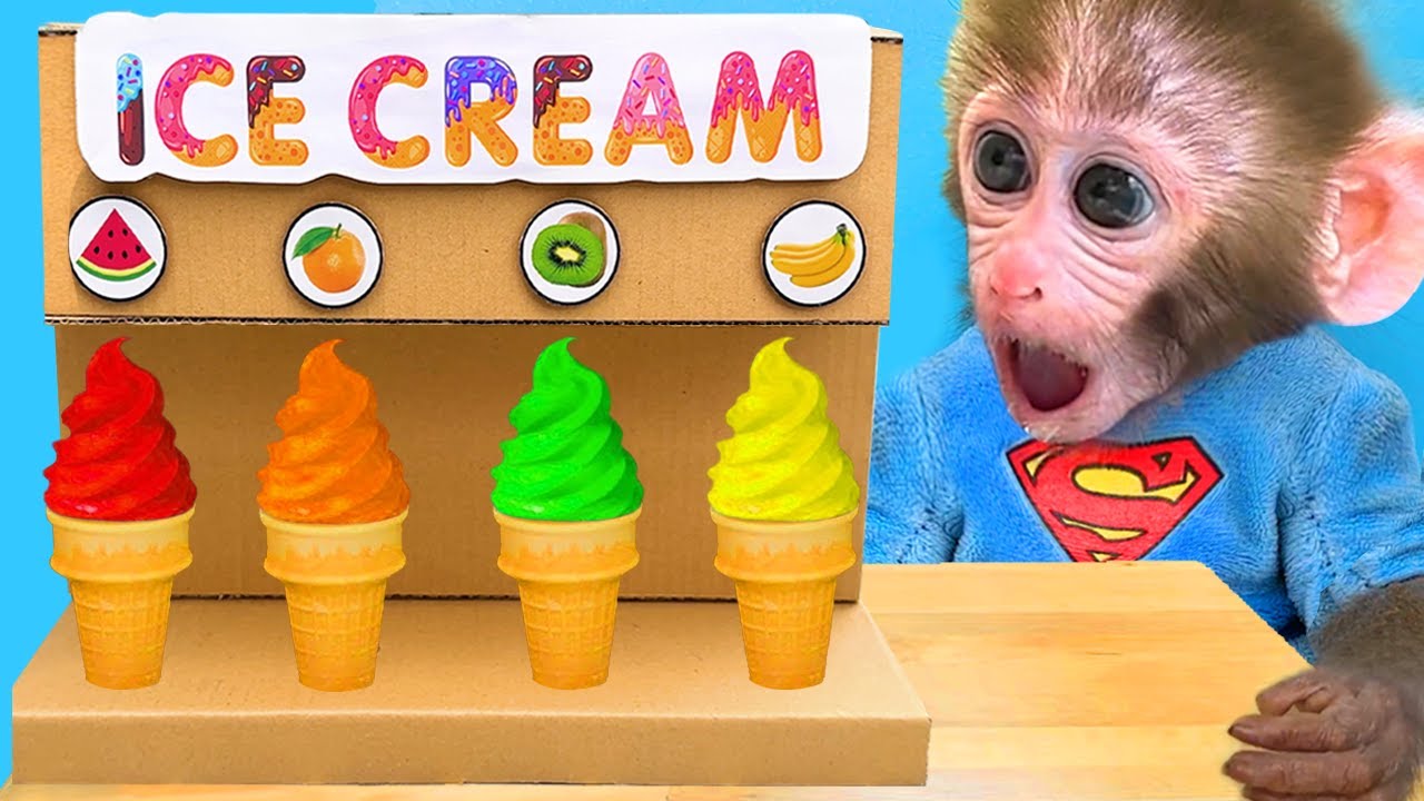 Monkey Baby Bon Bon doing shopping in Toy store and eats ice cream rainbow with puppy the pool