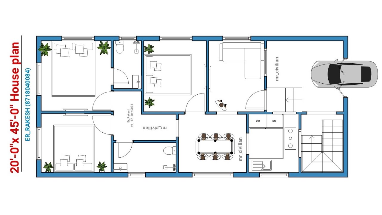 20x45 house plan with car parking, 3bhk 20' by 45' home plan, 20*45 house design, house map #shorts