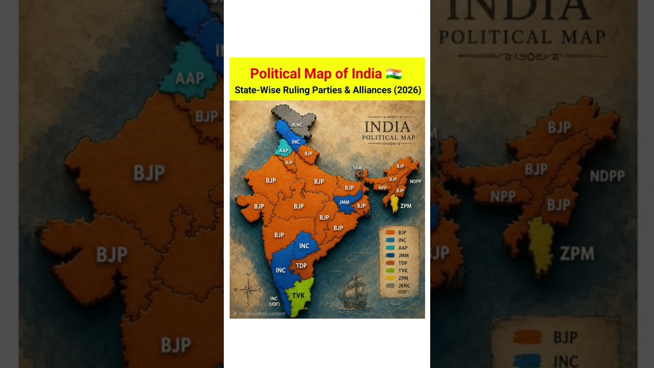 Caption:Political Map of India 🇮🇳 | State-Wise Ruling Parties & Alliances 2026 |  #politics #india