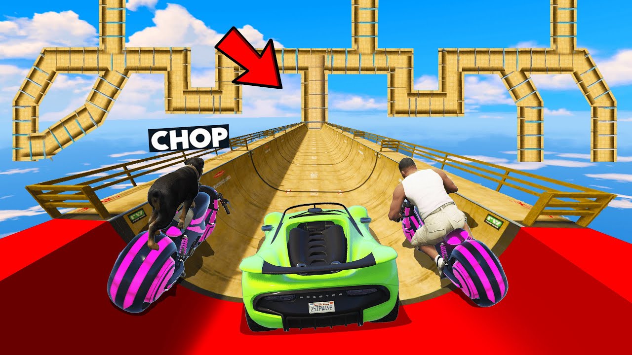 GTA 5 MEGA RAMP CHALLENGE CHOP VS FRANKLIN VS INSANE SKY TRACK