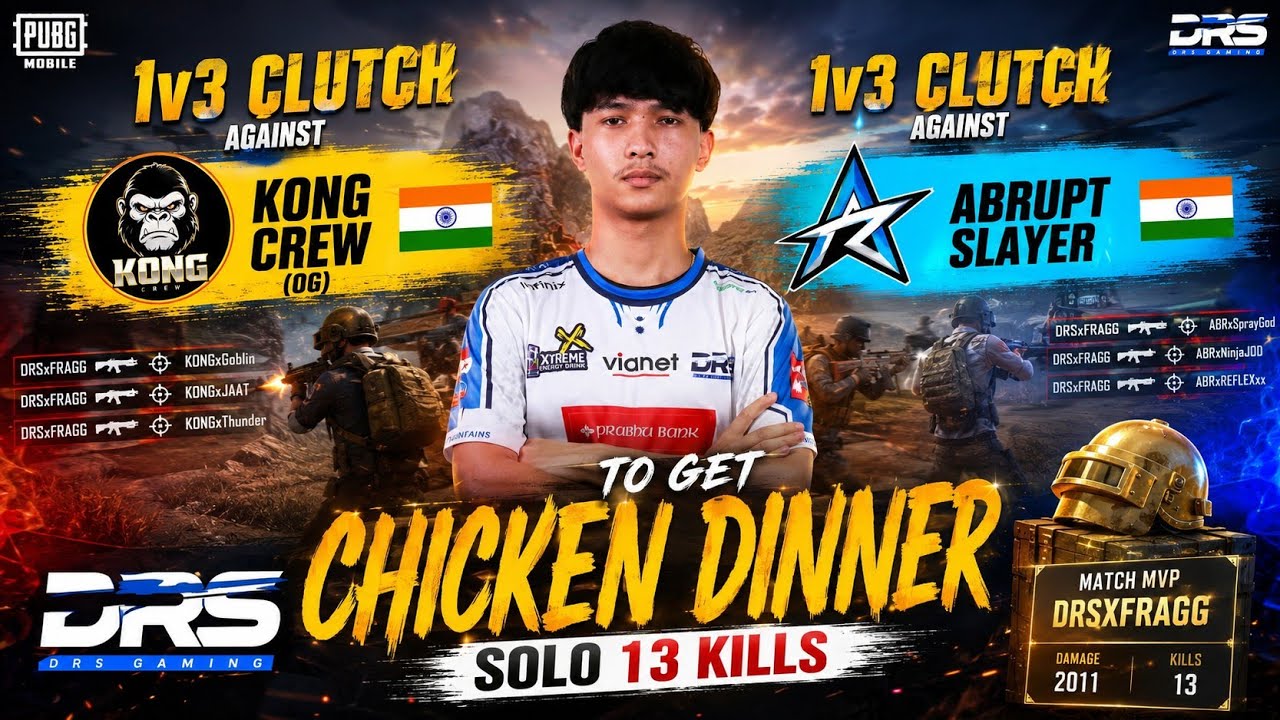 DRS FRAG 1v3 Clutch Kong Crew (OG) 1v3 Clutch ASL & Solo 13 Kills Chicken Dinner | kvn gaming 
