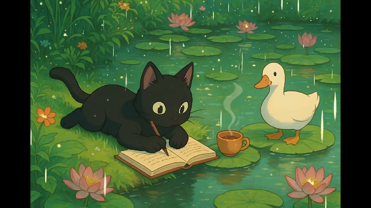 📚🐱 Cozy Cat on a Water Lily | Lofi Aesthetic Reading Vibes 🌸🌊