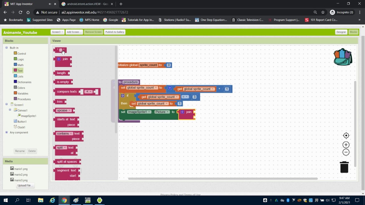 Animating a Sprite in MIT APP INVENTOR 2 PLTW APP CREATORS