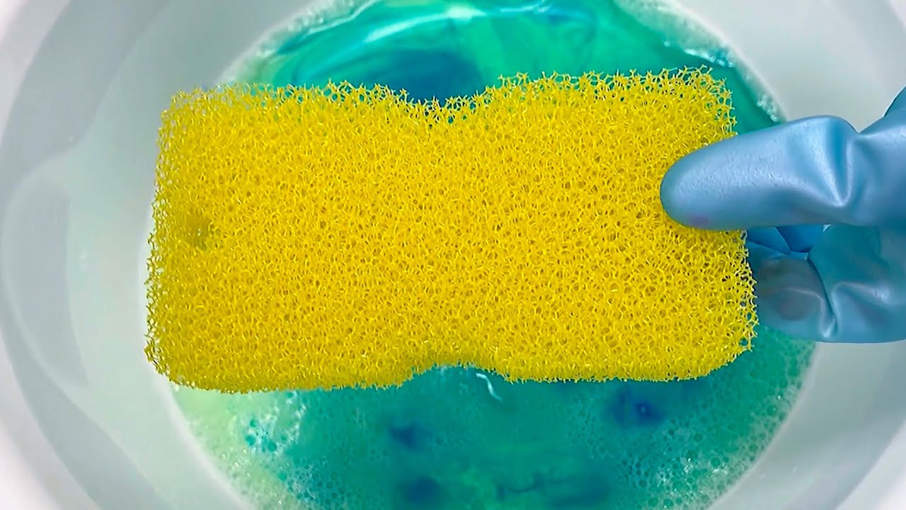 【ASMR】New Yellow Plastic sponge squeezing👗新しいプラスチックスポンジと洗車洗剤でスポンジASMR