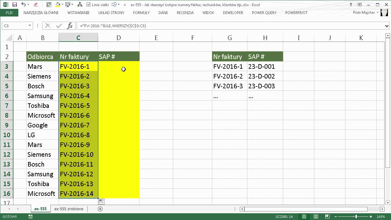 Excel - Jak zrobić kolejne numery (numerowanie) faktur, rachunk&oacute;w, klient&oacute;w itp. [odc.555]