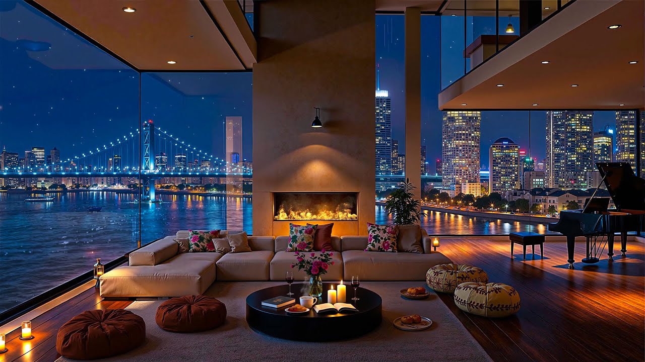 Slow Piano Jazz in Luxury Apartment | Urban Nightscape Retreat Ambience for Chill and Serenity