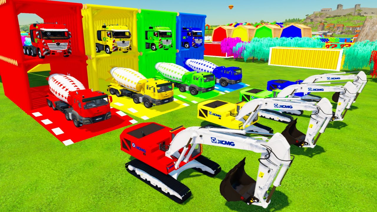 Garage With Color - ALL COLORFUL XCMG EXCAVATOR,MAN MIXER TRUCK TRANSPORTING TO COLORFUL GARAGE#fs22