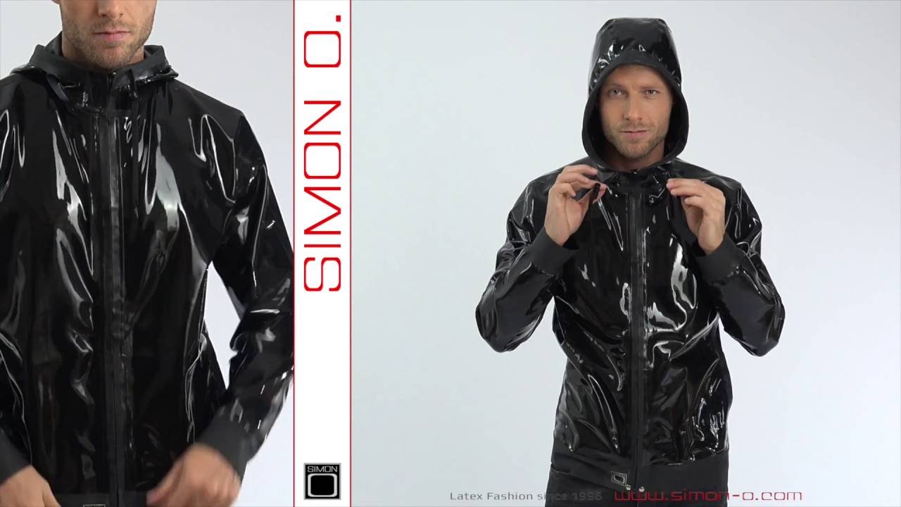 Latex jacket with hood and pockets