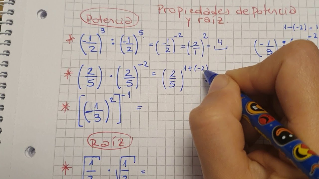 Propiedades de potencia y raíz en fracciones