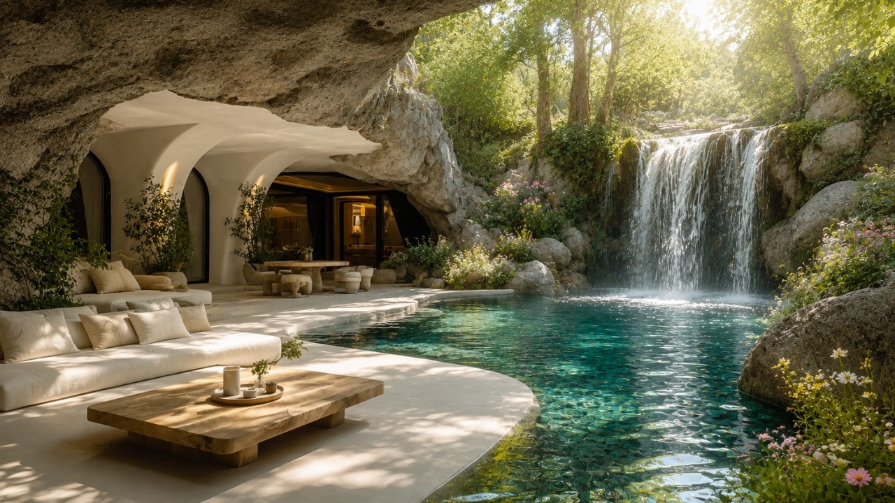 Luxury Stone Lounge Waterfall | Sweet Morning Birdsong for Deep Study and Solid Focus