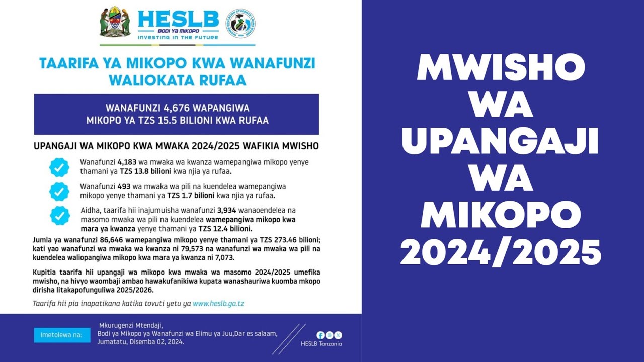 HESLB MAELEKEZO MUHIMU MWISHO WA UPANGAJI WA MIKOPO 2024/2025  DIRISHA LA KUKATA RUFAA