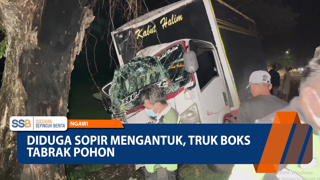 NGAWI - Diduga Sopir Mengantuk, Truk Boks Tabrak Pohon